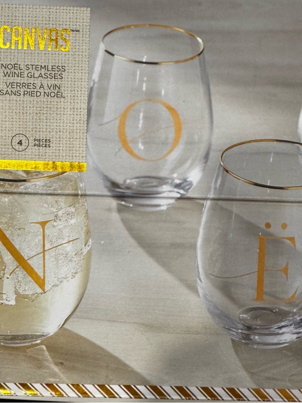 Bella Canvas Clear Stemless Wine Glasses with Gold Lettering and Rim - Set of 4